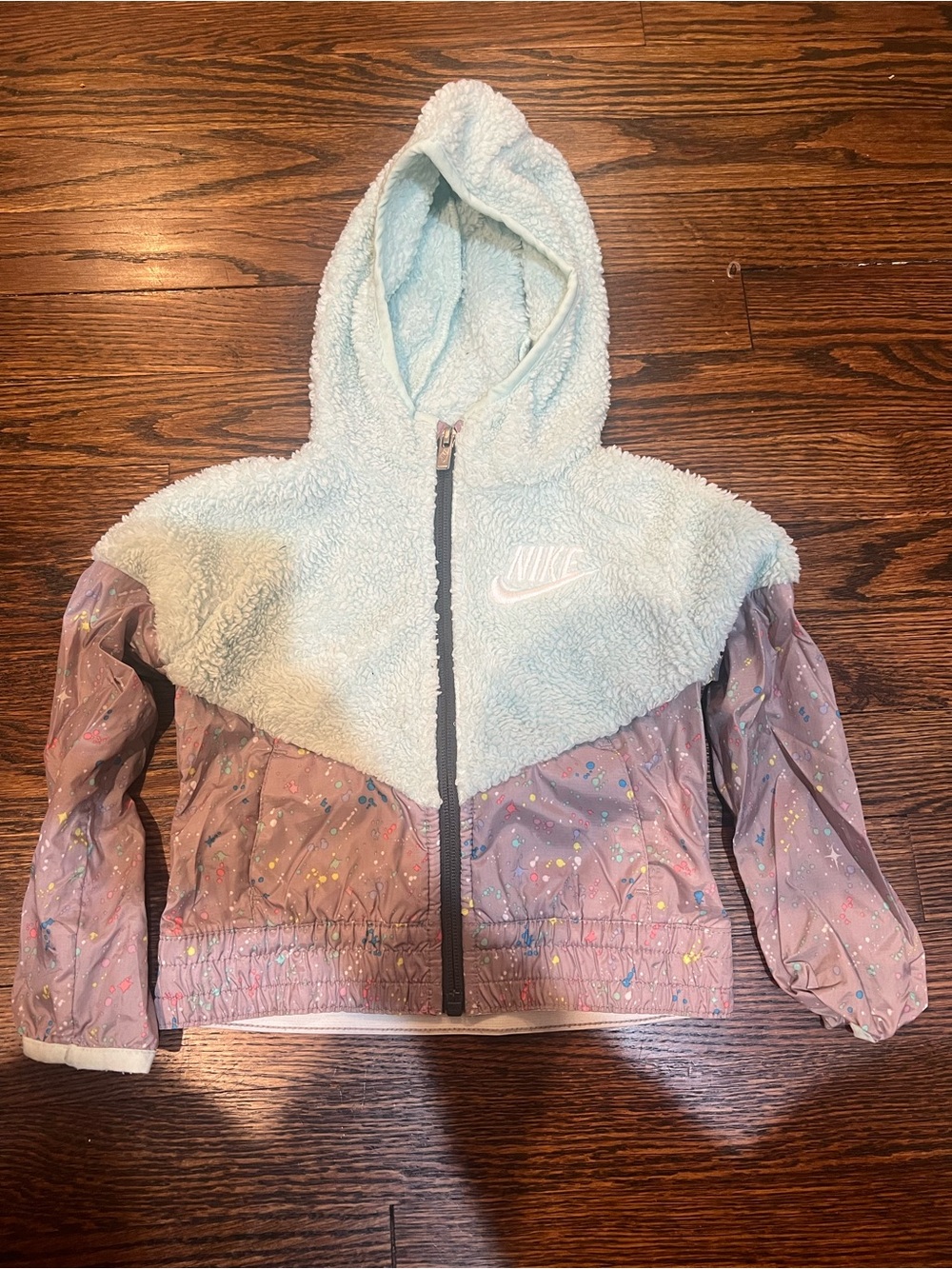 Nike Kids' Hooded Colorblock Puffer Jacket in Light Blue and Mauve